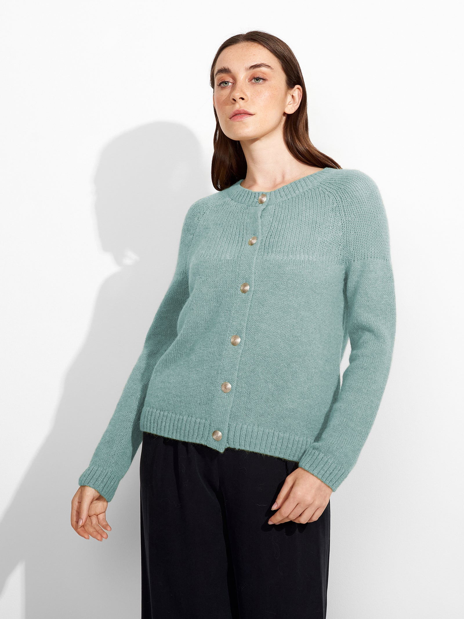 Zabine Cardigan in Sky Blue Baby Alpaca Color Celeste