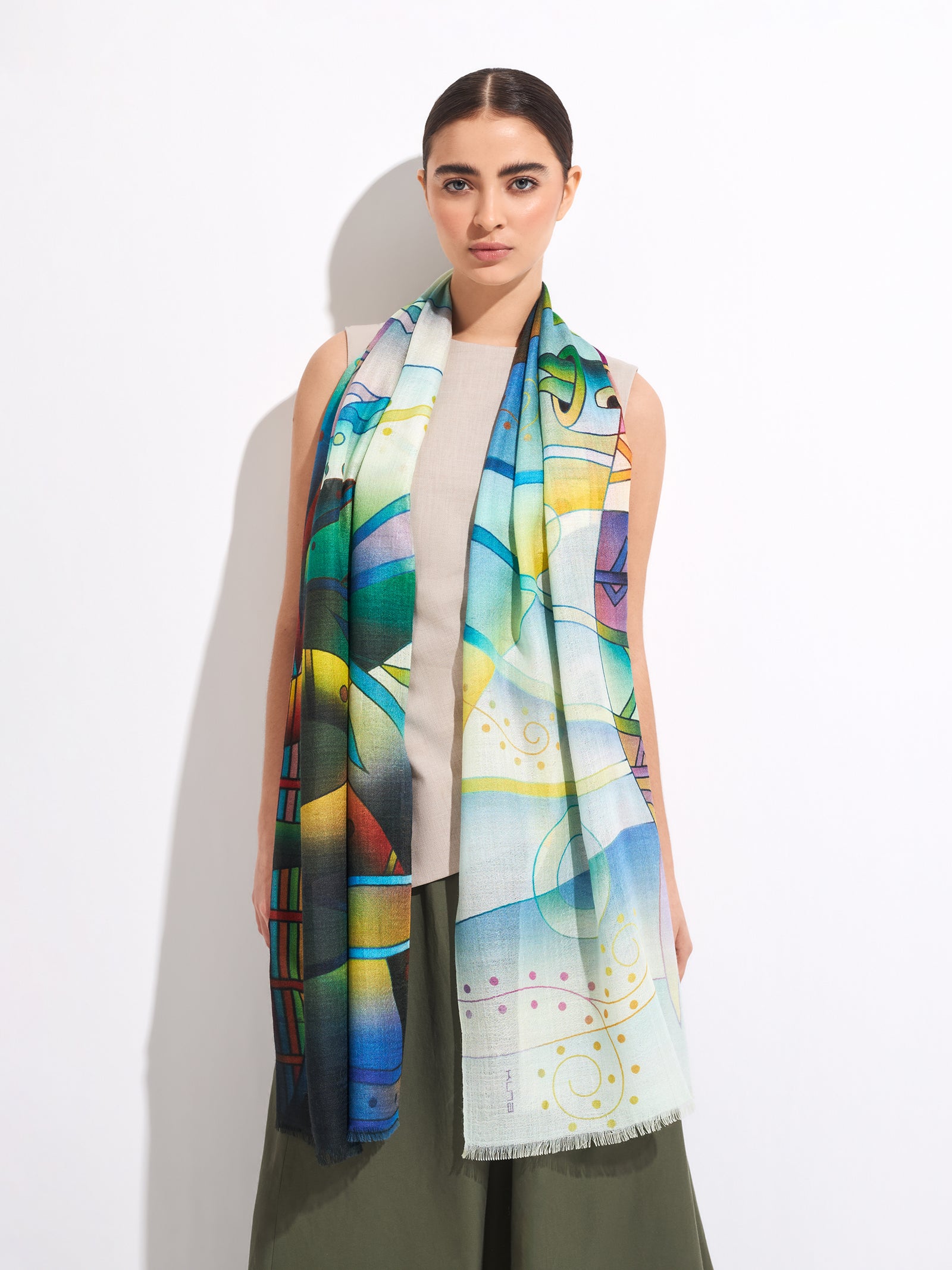 Water Party Stole in Blue II by Baby Alpaca &amp; Multicolor Silk