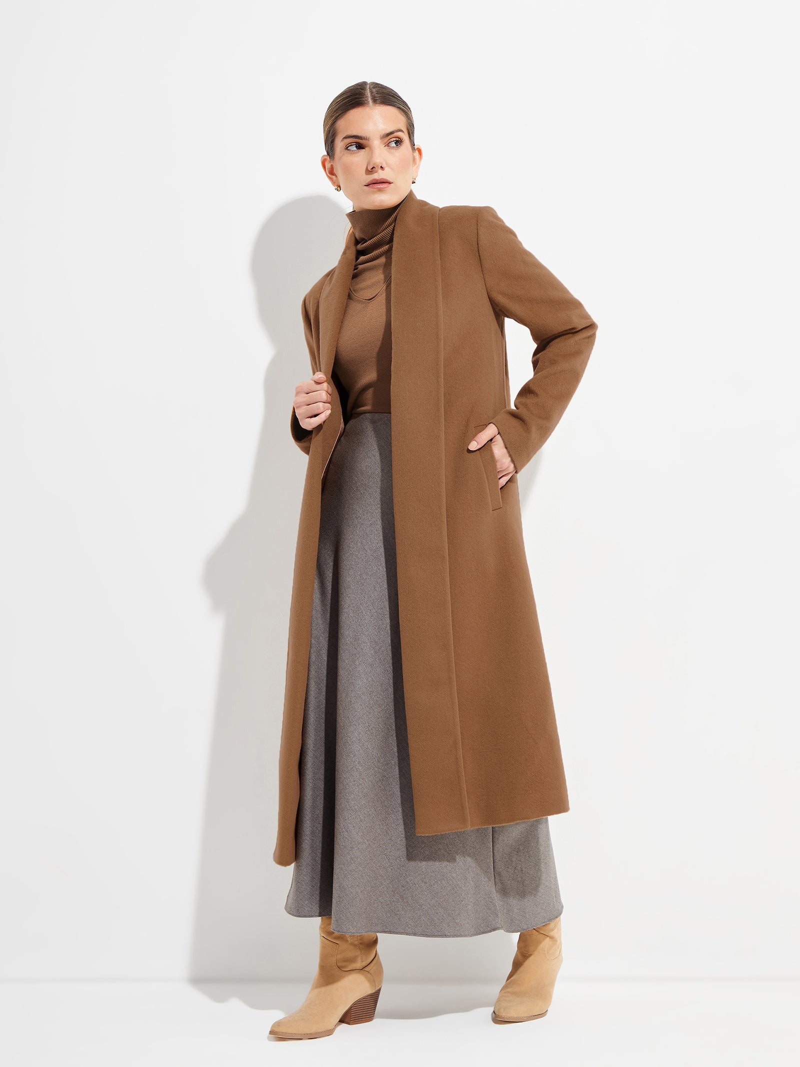 Abrigo Long Swing De Vicuña Color Camel